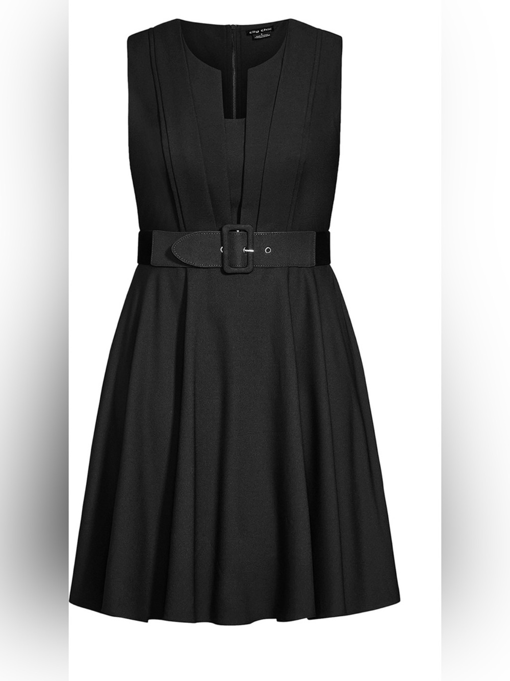 City Chic Black Sleeveless Belted V-Neck Pleated Dress